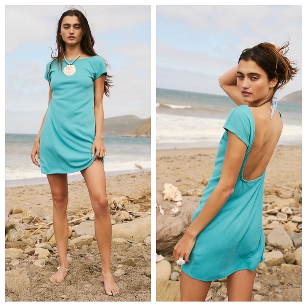 NWT Free People Rosalia Low Back Mini Dress Beach Teal Blue